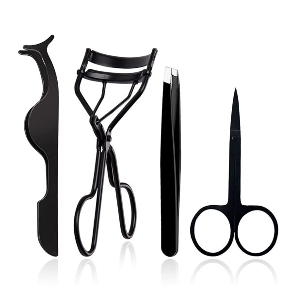 Matt Black Color Coated Eyelash Applicator & Curler With Eyebrow Scissor & Tweezer Set